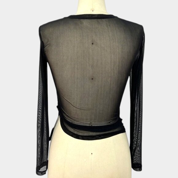 Women's Transparent Mesh Top Black Size M Stretch Decorated Hand Long Sleeves - Picture 2 of 9